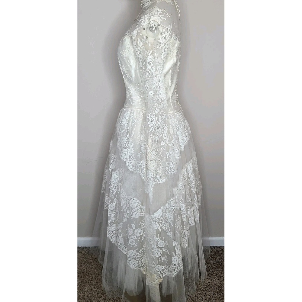 VTG 50s Wedding Dress Cottagecore Lace Tulle Bridal Gown Coquette Princess - Picture 10 of 12